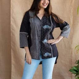 The Indian Ethnic Co Charcoal Loose Ajrakh Handblock Printed Cotton Short Top with Shirt Collar & Full Sleeves-15