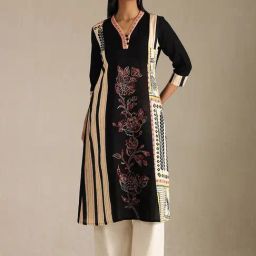 Soch Black Linen Blend Floral Kurta-image-61