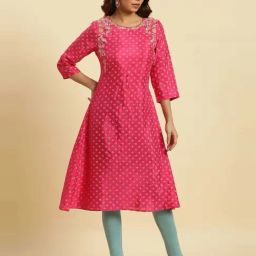 W Pink Embroidered A Line Kurta-image-20