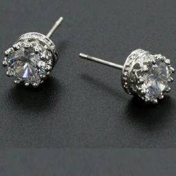 Oomph Silver White Crystal Crown Solitaire Stud Earrings-36