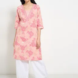 RANGMANCH BY PANTALOONS Floral Printed Square Neck Pure Cotton Straight Kurta-picture-45