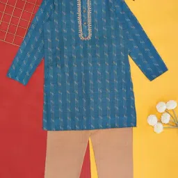 YU by Pantaloons Kids Teal Blue & Brown Cotton Embroidered Full Sleeves Kurta Set-image-36