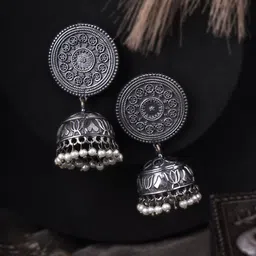 Sangria White Silver-Plated Artificial Pearls Beaded Dome Shaped Oxidised Jhumkass-12