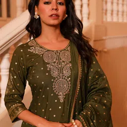 Juniper Floral Woven Design Zari Liva Straight Kurta With Palazzos & With Dupatta image 3