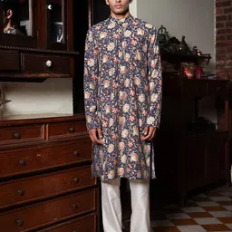PATR Men Floral Printed Chanderi Silk Kurta-image-63