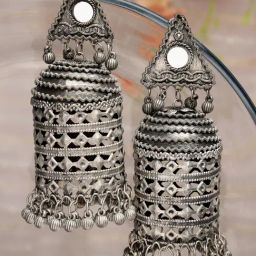 Moedbuille Handcrafted Mirror Studded Antique Tribal Design Silver-Plated Tassel Jhumki Earrings-13