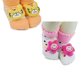 NESKA MODA 6 To 12 Months Baby Set Of 2 Pair Cotton Anti Slip Face Ankle Socks/ Booties-image-93