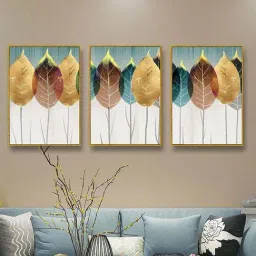 Art Street Gold Engineered Wood Leaves Canvas Prints For Living Room Bedroom Wall Art - Set of 3-picture-1