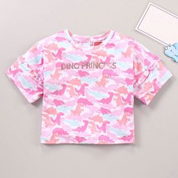 Babyhug Three Fourth Sleeves Drop Shoulder T-Shirt With Dinosaur Print and Frill Detailing - Pink-image-24