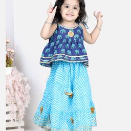 Bownbee Sleeveless Elephant Print Top With Leheriya Design Lehenga - Blue-image-87