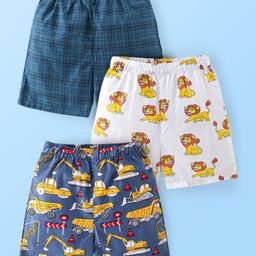 Babyhug Cotton Woven Boxers Print Lion & Text Print Pack of 3 - White & Blue-image-66