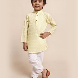 Superminis Full Sleeves Seamless Floral Swirl Chikankari Embroidered Kurta With Pyjama - Lemon Yellow-image-42