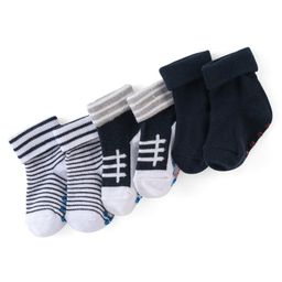 Cute Walk by Babyhug Anti Bacterial Anti Skid Ankle Length Socks Stripes Design Pack Of 3- Black & White-image-127