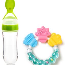 Silicone Squeezy Food Feeder Bottle With Spoon & Rattle Teether - Green-13