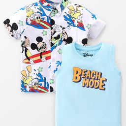 Babyhug Disney  Cotton Knit Half Sleeves Regular Collar Shirt with T-Shirt Mickey Mouse Print - White & Blue-image-92