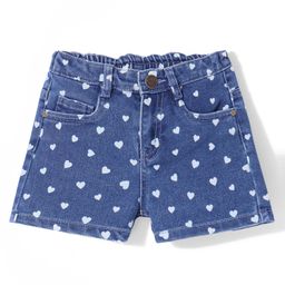 Babyhug Mid Thigh Length Stretchable Denim Shorts Hearts Print - Dark Blue-image-95