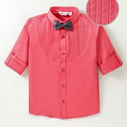 Mark & Mia Full Sleeves Solid Color Pleated Party Shirt With Bow - Red-image-87