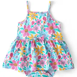 Babyhug 100% Cotton Knit Singlet Sleeves Floral Printed Frock Style Onesie - Multicolour-picture-27