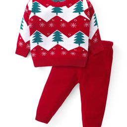 Babyhug Knitted Full Sleeves Sweater Set with Christmas Tree Design - Red-image-110