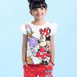 Babyhug Single Jersey Knit Frill  Sleeves Top & Shorts Set with Minnie Mouse & Daisy Duck  Graphics - White & Red-image-113