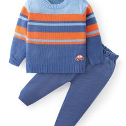 Babyhug Knit Full Sleeves Sweater Set with Car Design - Orange & Blue-image-38