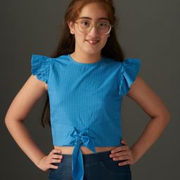 KIDSDEW Frill Sleeves Abstract Printed & Front Knot Detailed Top - Blue-image-80
