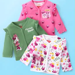 Babyhug Disney Cotton Knit Full Sleeves Jablas with Frill Detailing Minnie Mouse Print Pack of 3 - White Pink & Green-picture-13