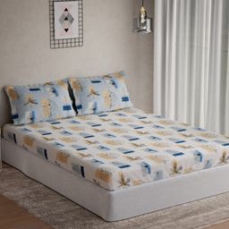 DDecor Blue  Beige Floral-Printed 144 TC King Bedsheet with 2 Pillow Covers-image-3