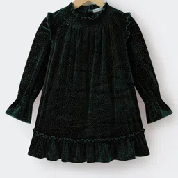 Kookie Kids Full Sleeves Smocking & Frill Detailed Frock With Polka Dots Print - Dark Green-picture-36
