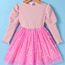 Kookie Kids Full Puffed Sleeves Party Frock With Heart Foil Print - Pink-picture-37
