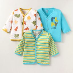 OHMS Single Jersey Knit Full Sleeves Front Open Vests With Striped & Leaves Printed Set Of 3 - White Light Blue Yellow-image-64