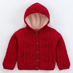 Yellow Apple Full Sleeves Front Open Hooded Sweater with Cable Knit Design - Dark Red-image-32