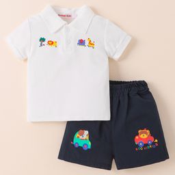 Kookie Kids Cotton Half Sleeves Polo T-Shirt & Shorts Set with Animal Print - White & Navy Blue-image-56
