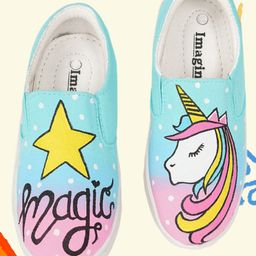 IMAGINO Magic Text & Unicorn Hand Painted Slip On Shoes - Aqua Blue-image-45