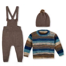 Windrop Solutions Full Sleeves Striped Crocheted Sweater With Solid Coordinating Dungaree & Cap Set - Multi Colour-picture-5