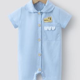 Mark & Mia Half Sleeves Solid Colour Collared Front Open Romper with Crocodile Patch - Light Blue-image-10