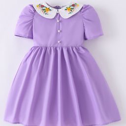 Mark & Mia Half Puffed Sleeves Knee Length Embroidered Peter Pan Collared Frcok with Pear Applique - Purple-image-26