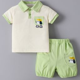 Mark & Mia Half Sleeves T-Shirt & Shorts Set With Dog Print & Applique - Cream & Green-image-91