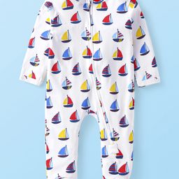 Babyhug Cotton Knit Full Sleeves Footed Sleepsuit with Sailboat Print - White-image-96