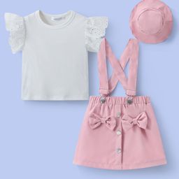 Mark & Mia Frill Sleeves Solid Color Top & Skirt Set with Hat & Bow Applique - White & Pink-image-20