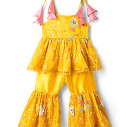 Saka Designs Net Woven Sleeveless Kurti Gharara Set with Floral Embroidery - Yellow-image-4