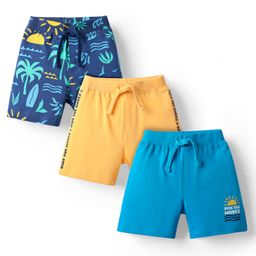 Babyhug Single Jersey Knit Mid Thigh Shorts With Tropical Theme Print Pack Of 3 - Navy Blue Yellow & Light Blue-image-93