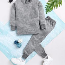 TOONYPORT Woollen Blend Full Sleeves Self Striped Printed Thermal Tee & Coordinating Pant Set - Light Grey-image-62