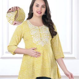 Bella Mama Woven Embroidered Yoke With Three Fourth Sleeves Maternity Top - Yellow-23