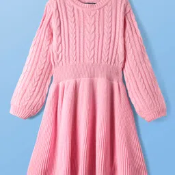 Pine Kids Knit Full Sleeves Woolen Dress with Cable Knit Design - Pink-picture-2