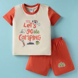 Tango Single Jersey Half Sleeves T-Shirt & Shorts Set With Text Print - Red & Cream-image-14