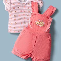 ToffyHouse Corduroy Knit Half Sleeves Floral Bees Printed & Embroidered T-Shirt & Dungaree Set With Frill Detailing - Coral & White-image-70