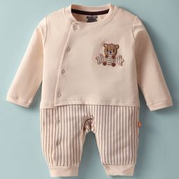 Mini Taurus Interlock Knit Full Sleeves Front Open Romper with Stripes & Bear Patch - Cream-image-44