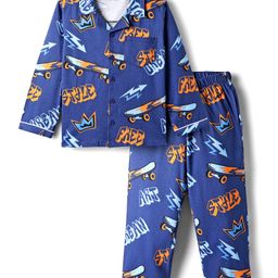 Honeyhap Premium 100% Cotton Knit Full Sleeves Co-ord Night Suit with Bio Finish & Skateboard Print - Navy Blue-picture-4