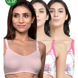 Inner Sense Organic Cotton Knit Pack Of 3 Solid & Floral Printed Antimicrobial Maternity Bras With Nursing Access - Multi Colour-picture-42